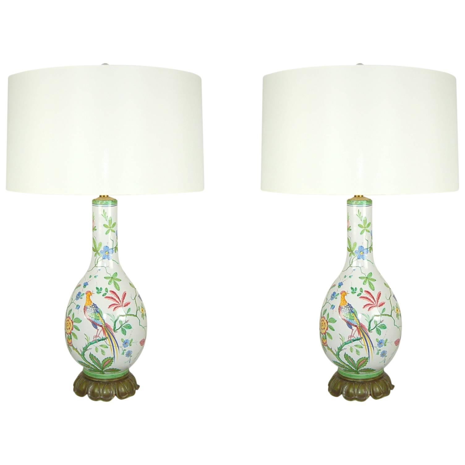 Pair of Vintage Italian Porcelain Peacock Lamps by Marbro For Sale