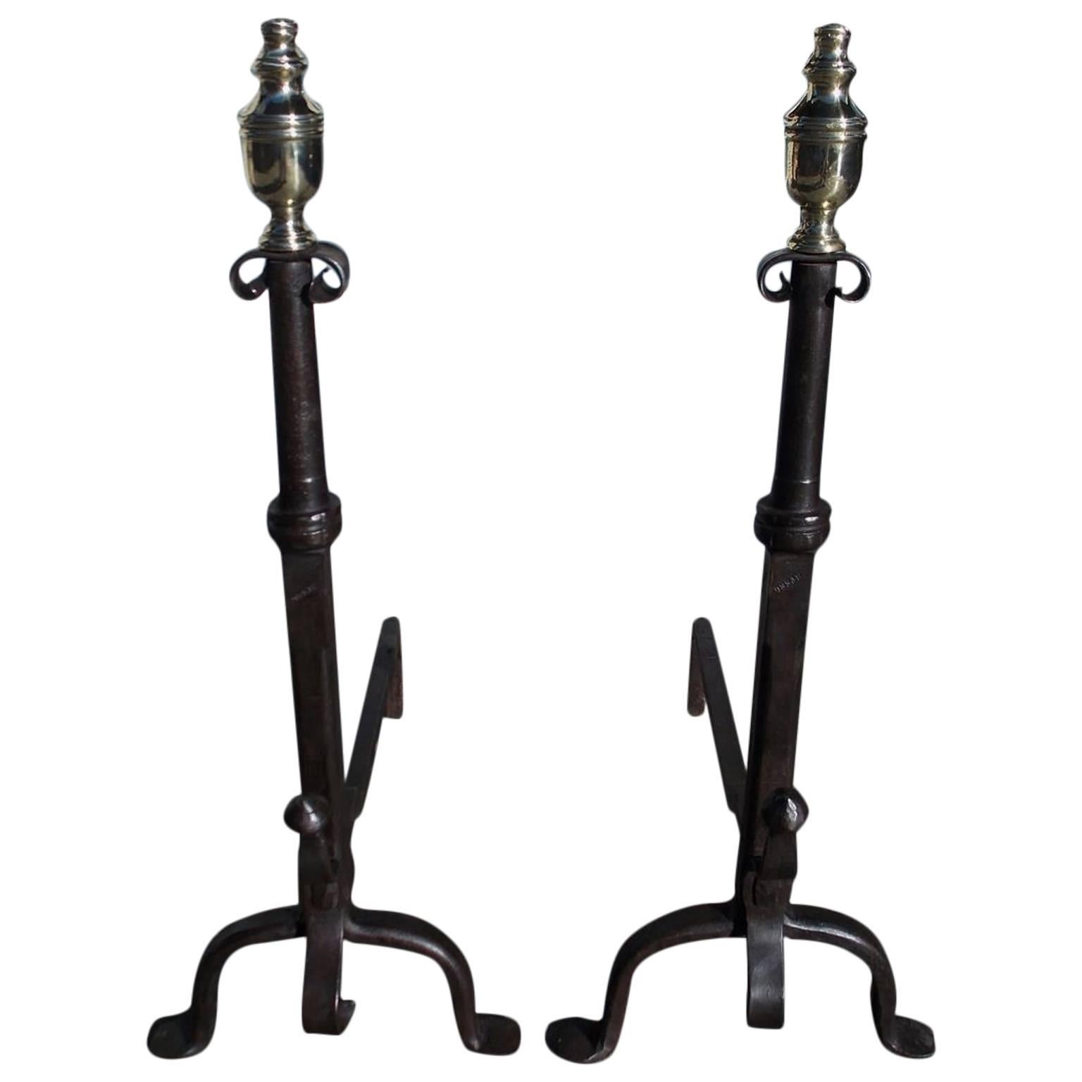 American Wrought iron and Brass Urn Finial Andirons.  Circa 1780 For Sale