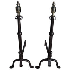 American Wrought iron and Brass Urn Finial Andirons.  Circa 1780