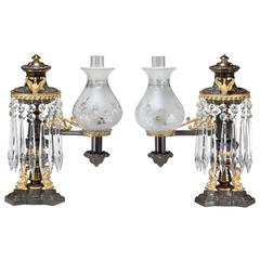 Antique Pair of Regency Lacquered Brass Argand Lamps