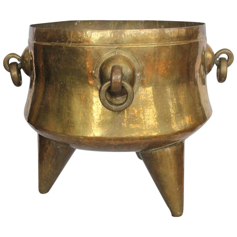 Giant Antique Decorative Brass Footed Cauldron With Handles For Sale at