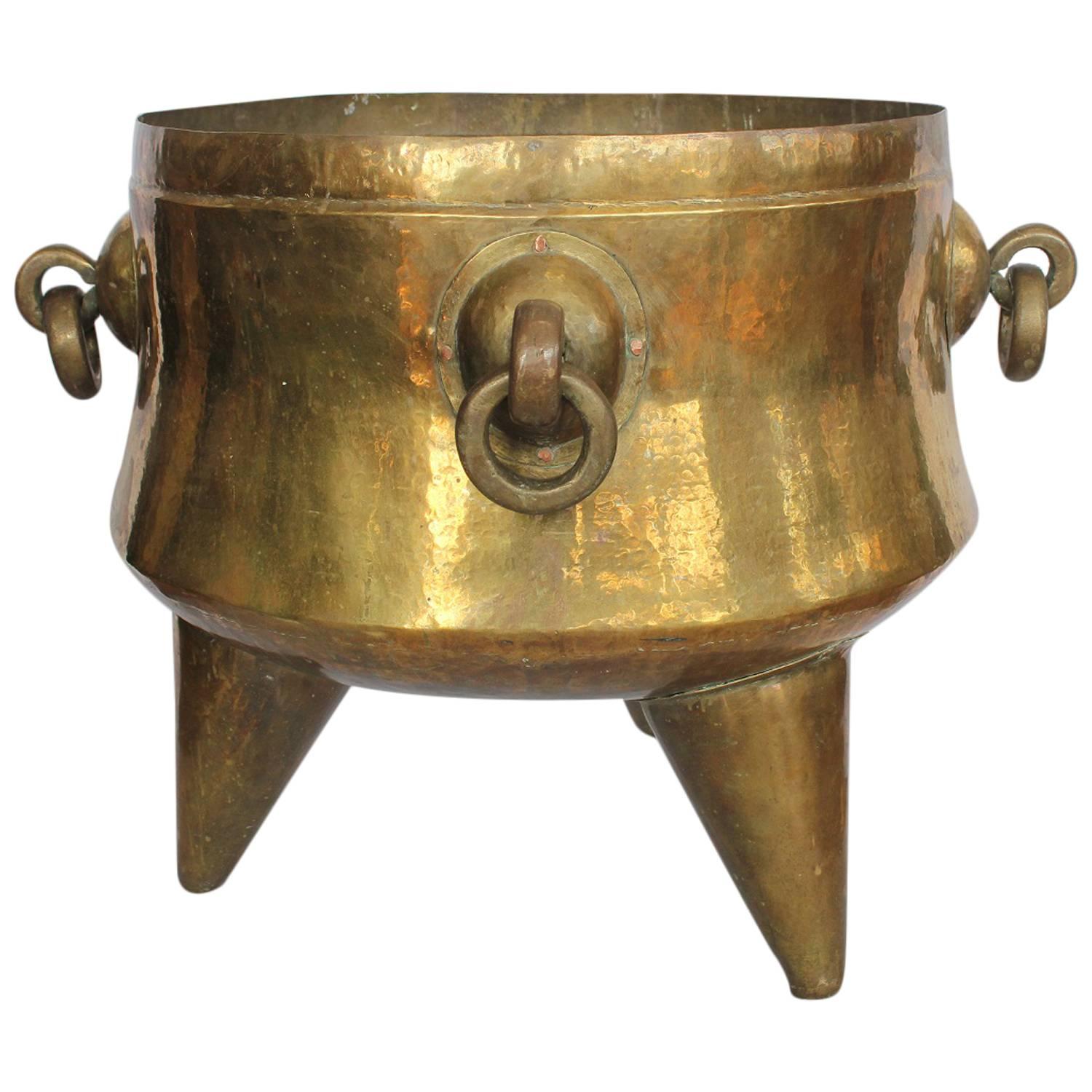 Giant Antique Decorative Brass Footed Cauldron With Handles For Sale