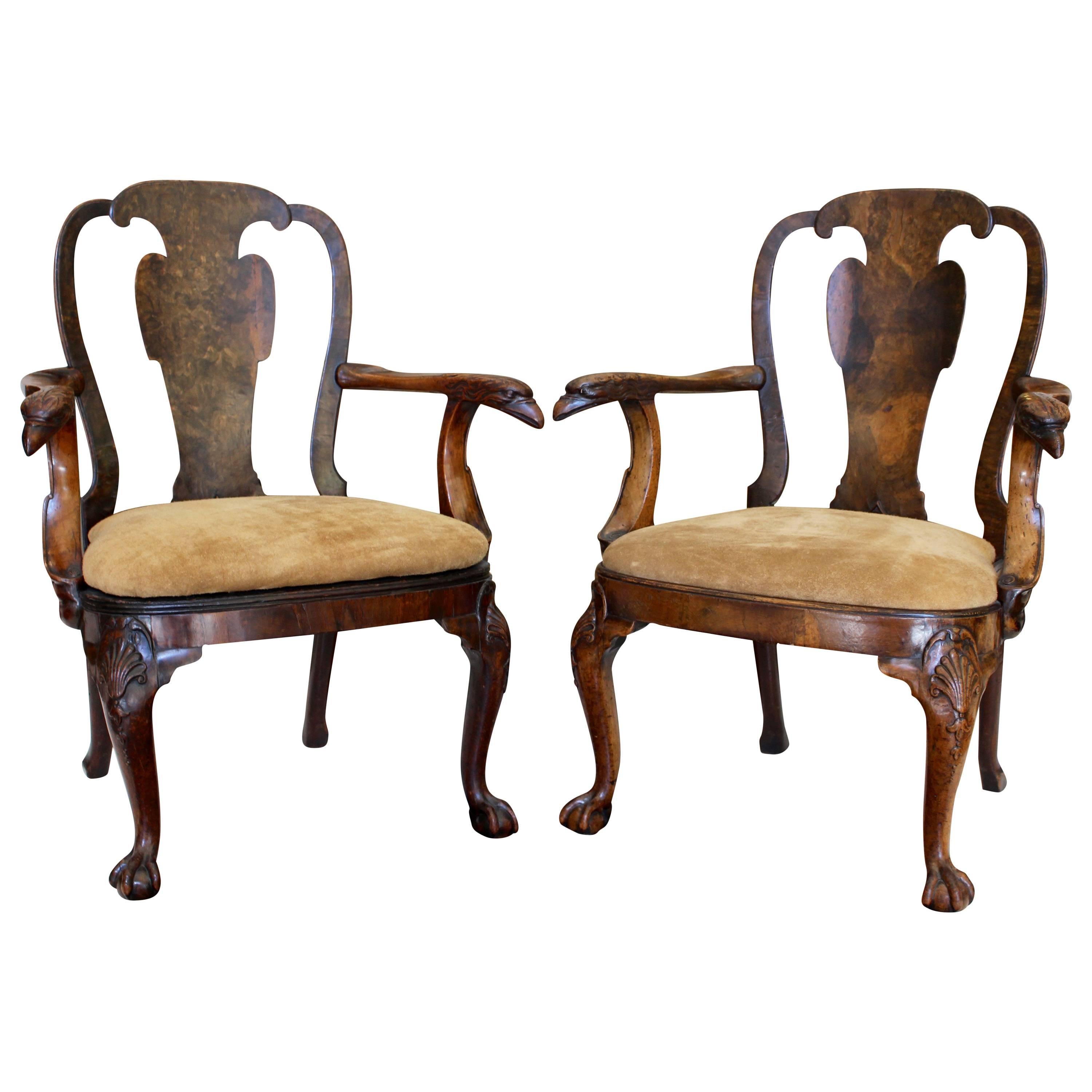 Pair of English George III 1730s Stamped Burl Walnut Armchairs with Eagle Heads