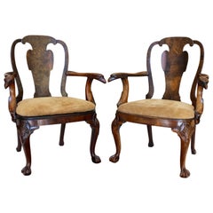 Pair of English George III 1730s Stamped Burl Walnut Armchairs with Eagle Heads