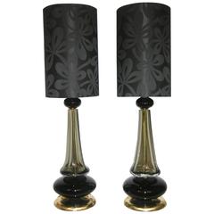 1960s Italian Pair of Important Murano Glass Lamps with Original Shades