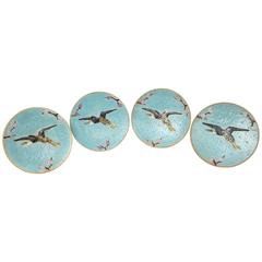 Set of Four Antique Holdcroft, England Turquoise Majolica Plates, "Flying Crane"