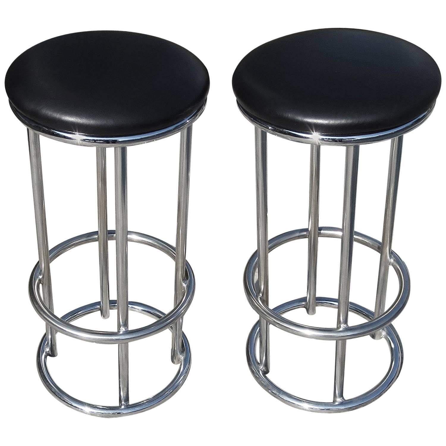 Pair of Art Deco Chrome and Leather Barstools