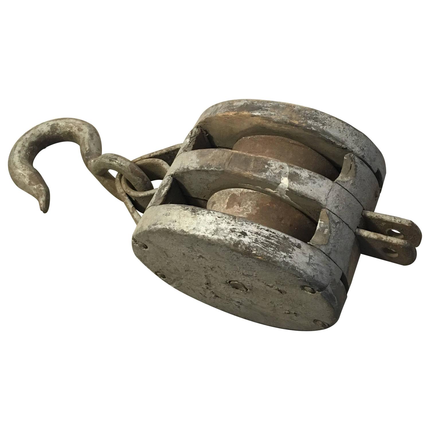 Vintage Painted Wood Double Block Pulley with Hook For Sale at 1stdibs