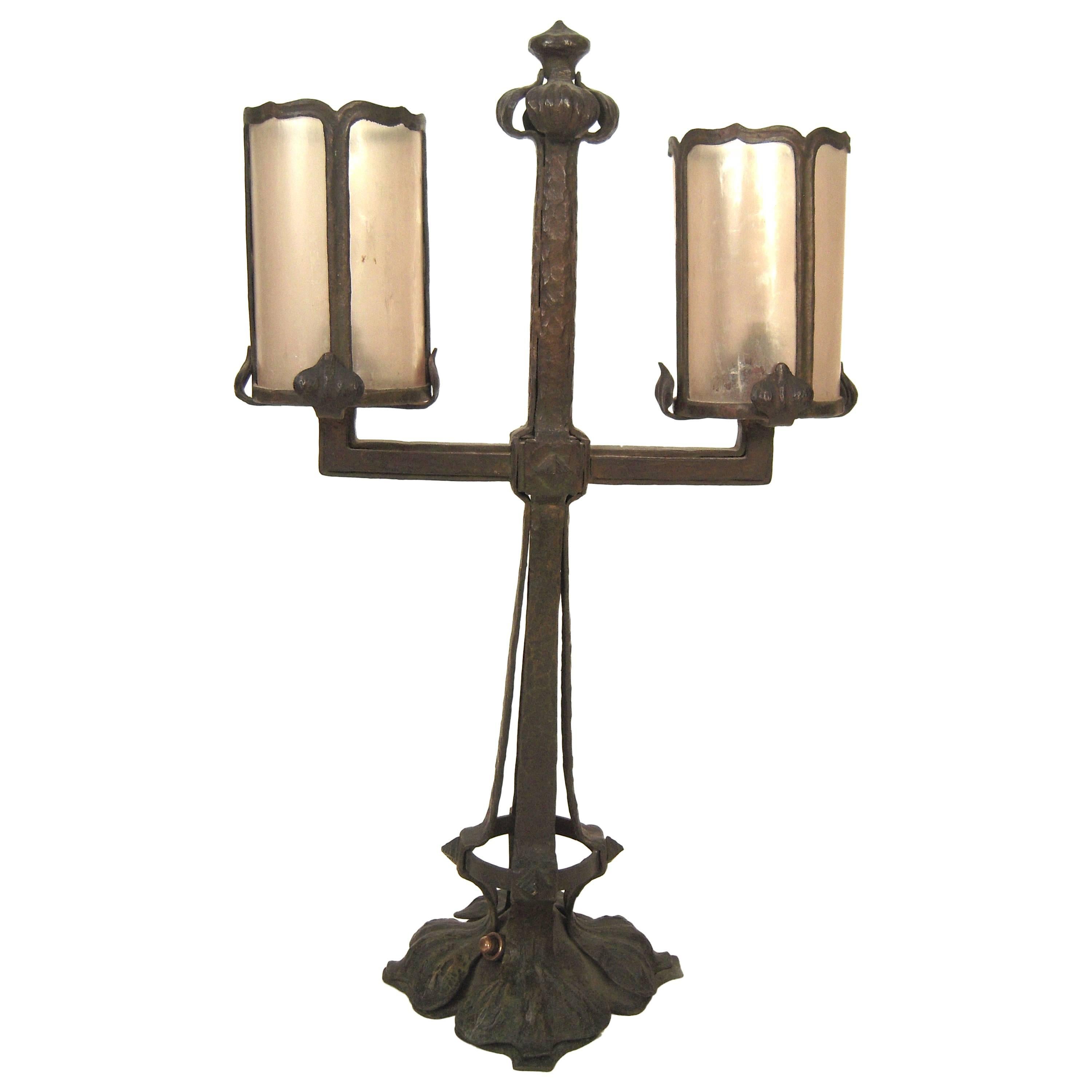 Arts and Crafts Period Wrought Iron and Mica Lamp
