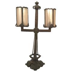 Arts and Crafts Period Wrought Iron and Mica Lamp