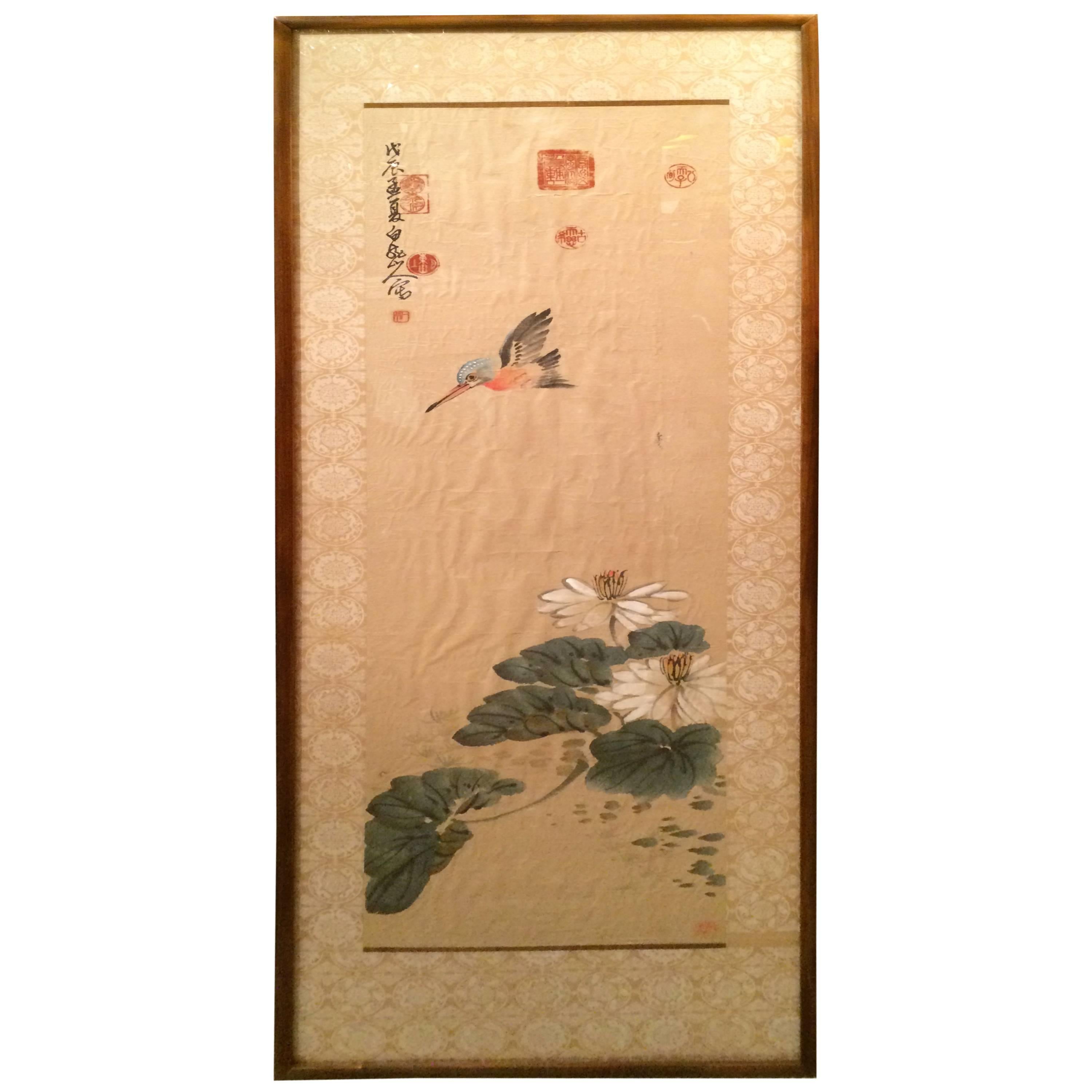 Chinese Scroll Painting of a Kingfisher and Lily Pads