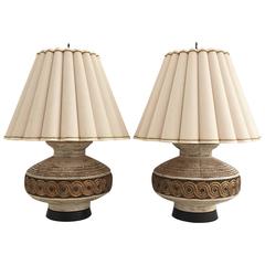 Pair of Giant Lava Glazed Ceramic Lamps with Shades 1