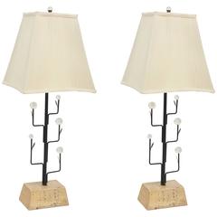 Pair of Italian Modern Iron, Crystal and Travertine Marble Lamps 3
