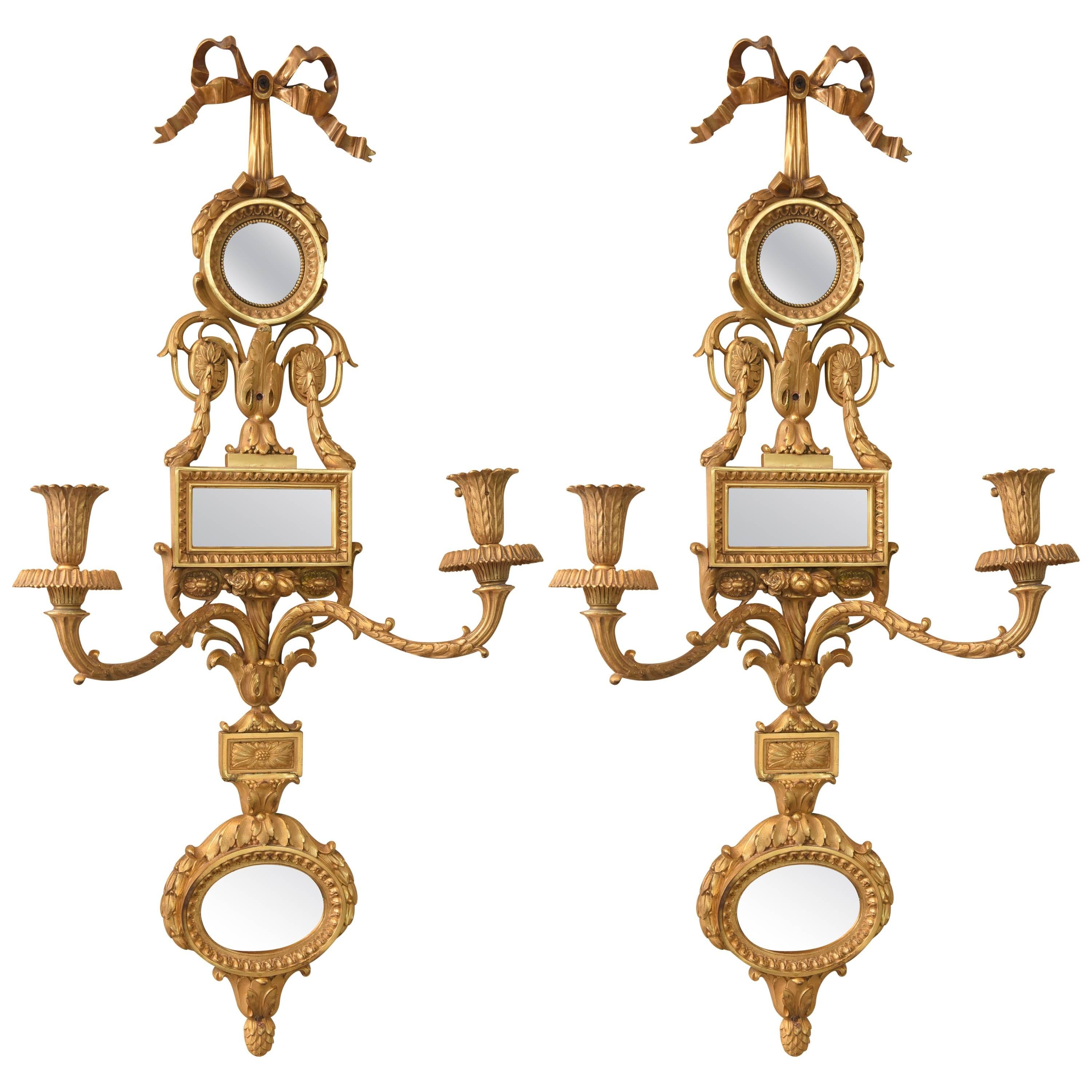 Pair of Bronze Dore Sconces with Unusual Mirrored Backplates by E.F. Caldwell