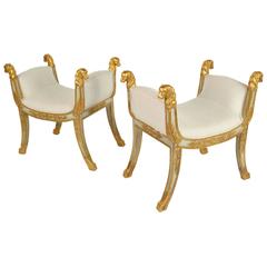 Pair of French Neoclassical Painted and Giltwood Upholstered Benches