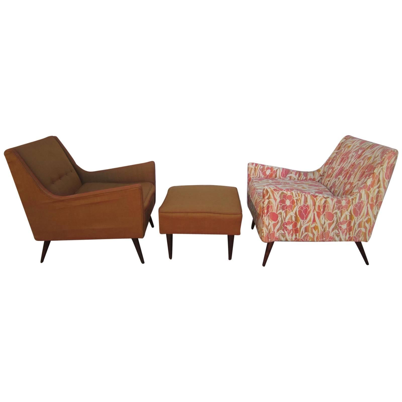 Lovely Pair of Milo Baughman Style Lounge Chairs and Ottoman For Sale