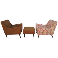 Lovely Pair of Milo Baughman Style Lounge Chairs and Ottoman