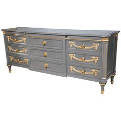Louis XVI Style Steel Gray and Gilt Decorated Nine-Drawer Dresser