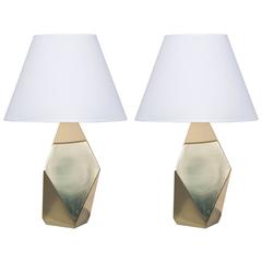Pair of Modernist Faceted Brass Lamps