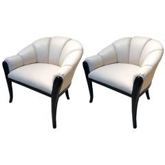 Pair of Art Deco Barrel Back Lounge Chairs, Piano Key Black Lacquered Frame