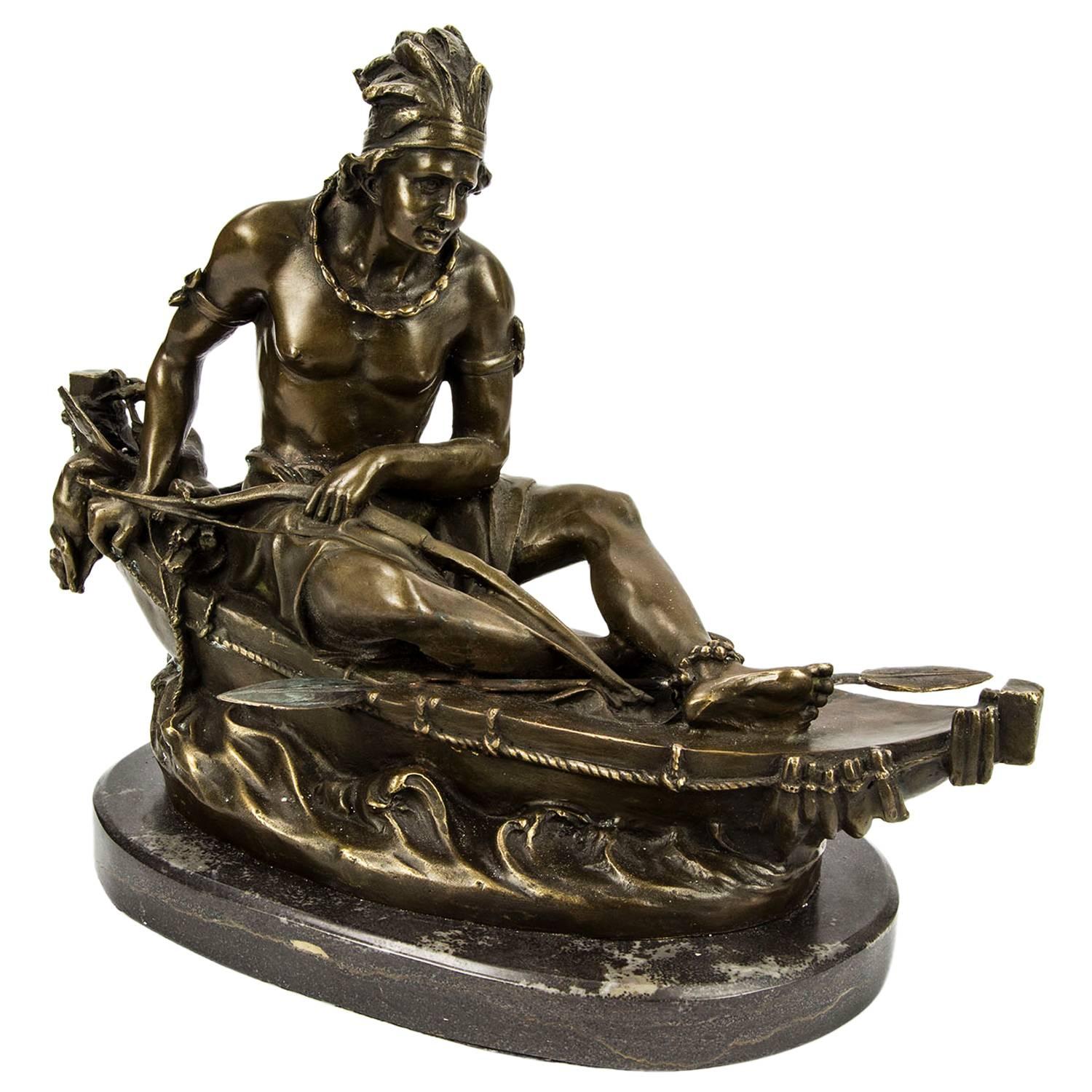 Native American Indian in Canoe Bronze by Duchoiselle, 19th Century