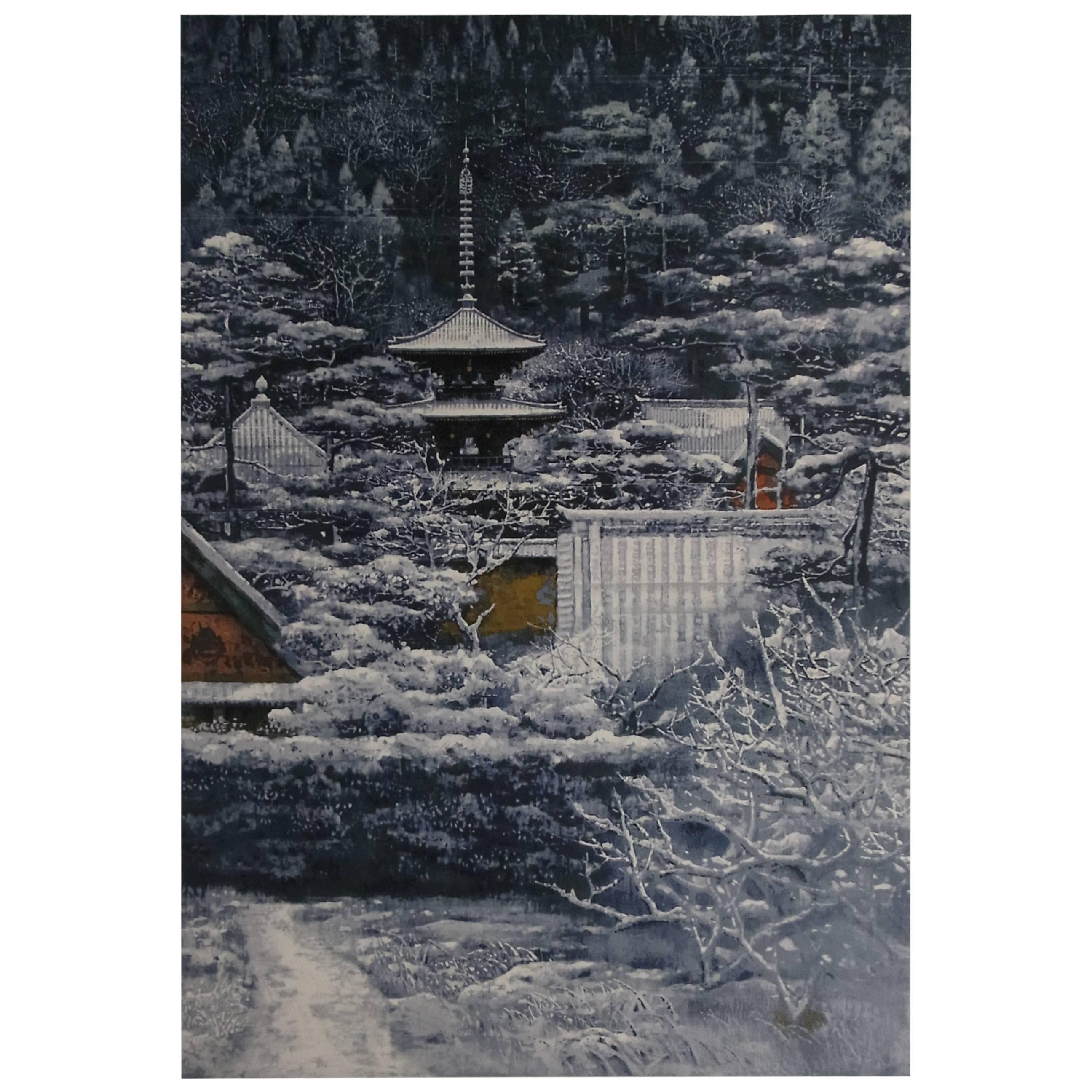 Color Lithograph of Temple in Nara by Sumio Goto, Japanese Painter, circa 1997 For Sale