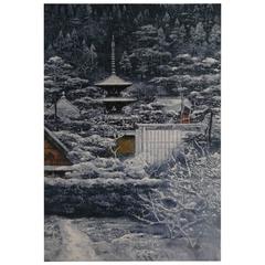 Vintage Color Lithograph of Temple in Nara by Sumio Goto, Japanese Painter, circa 1997