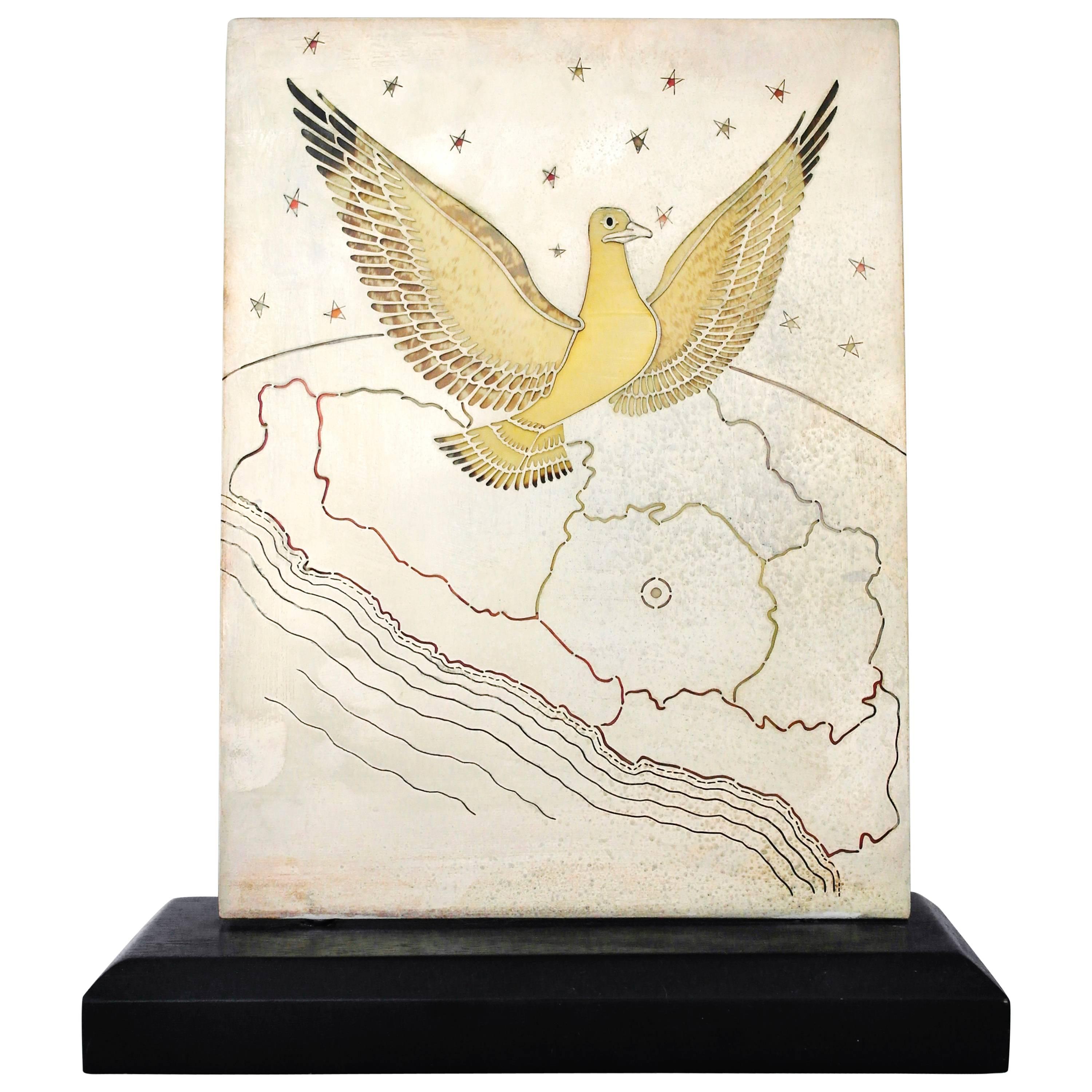 LOS CASTILLO 1955 Pluma Azteca Dove Motif Silver Plate & Glass Plaque Handmade For Sale