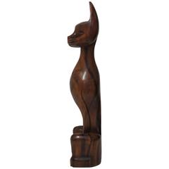 Hand-Carved Solid Teak Stylized Cat, 1960s
