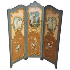 Italian Painted Three Panel Folding Leather Screen.  Circa 1880