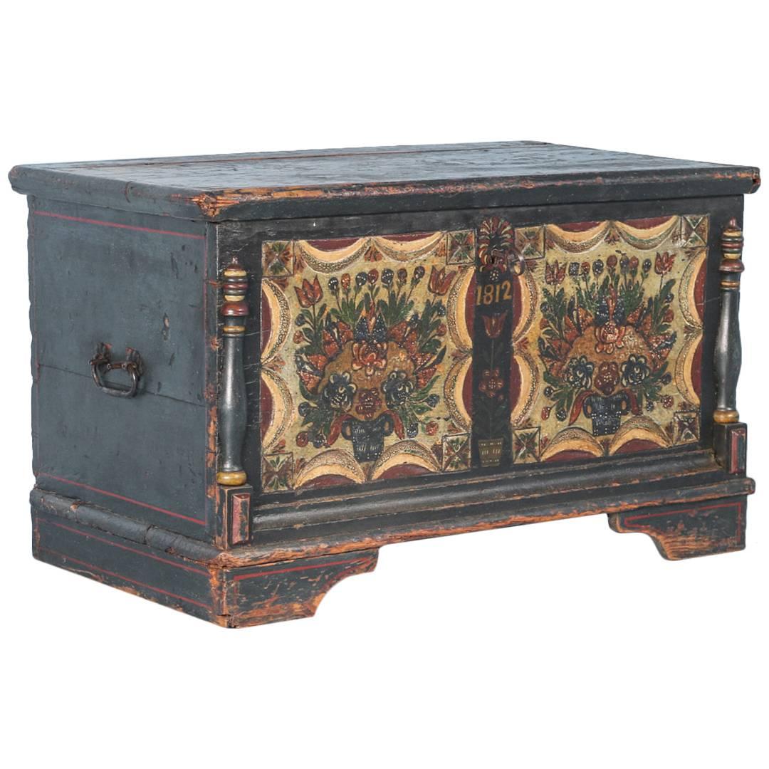Original Blue Painted Trunk with Half Column Details, dated 1812