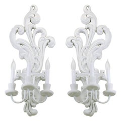 Pair of Tall White Lacquered Carved Wood Electric Sconces