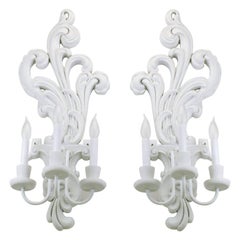 Pair of Tall White Lacquered Carved Wood Electric Sconces