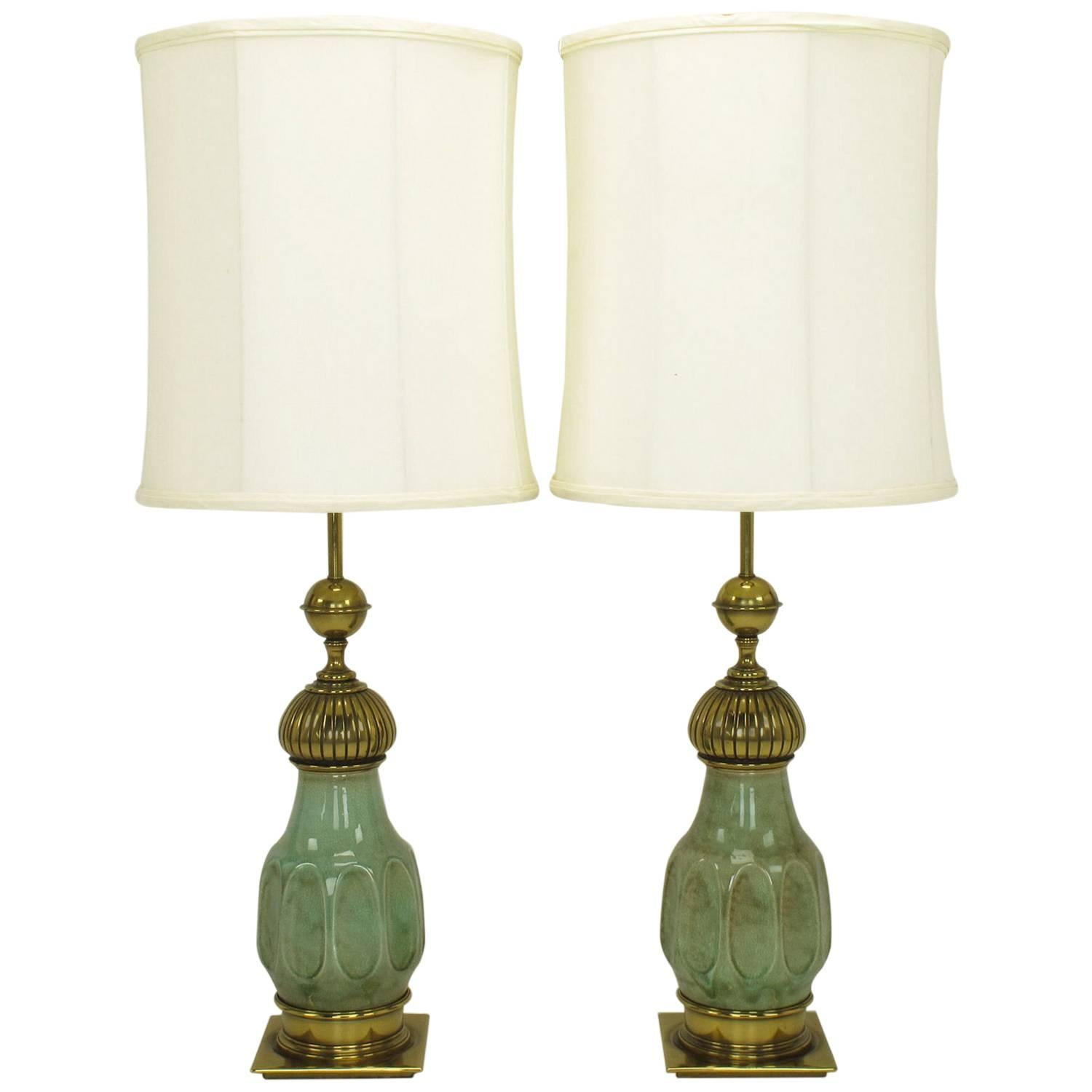Pair of Stiffel Crackle Glaze Ceramic and Brass Moorish Style Table Lamps