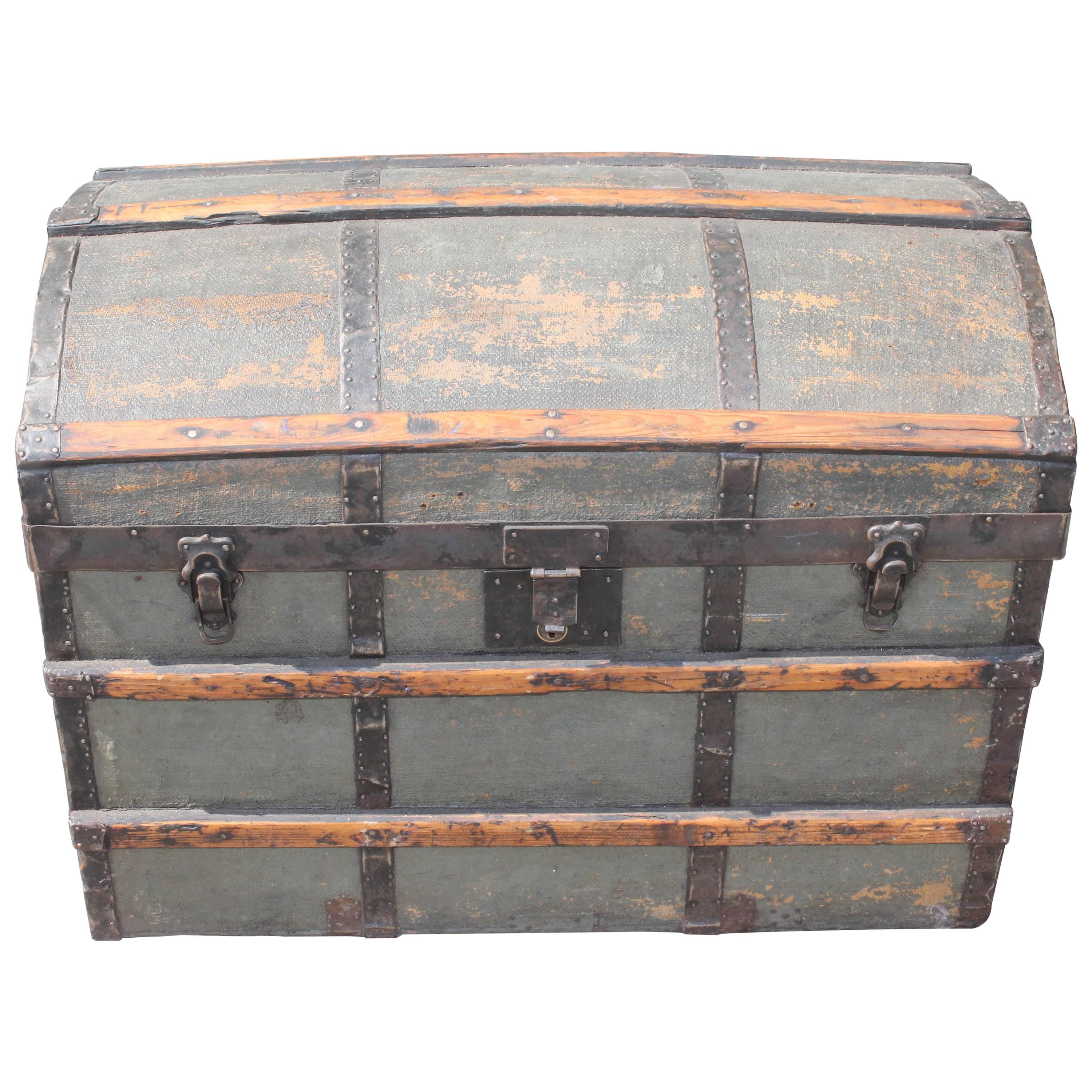 19th Century Original Green Painted Dome Top Trunk