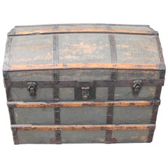 Antique 19th Century Original Green Painted Dome Top Trunk