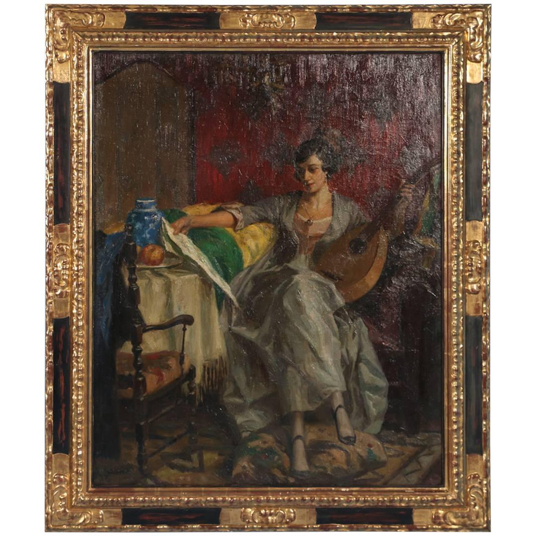 Original Oil on Canvas of Woman with Lute, signed and dated R. E. Stübner, 1820