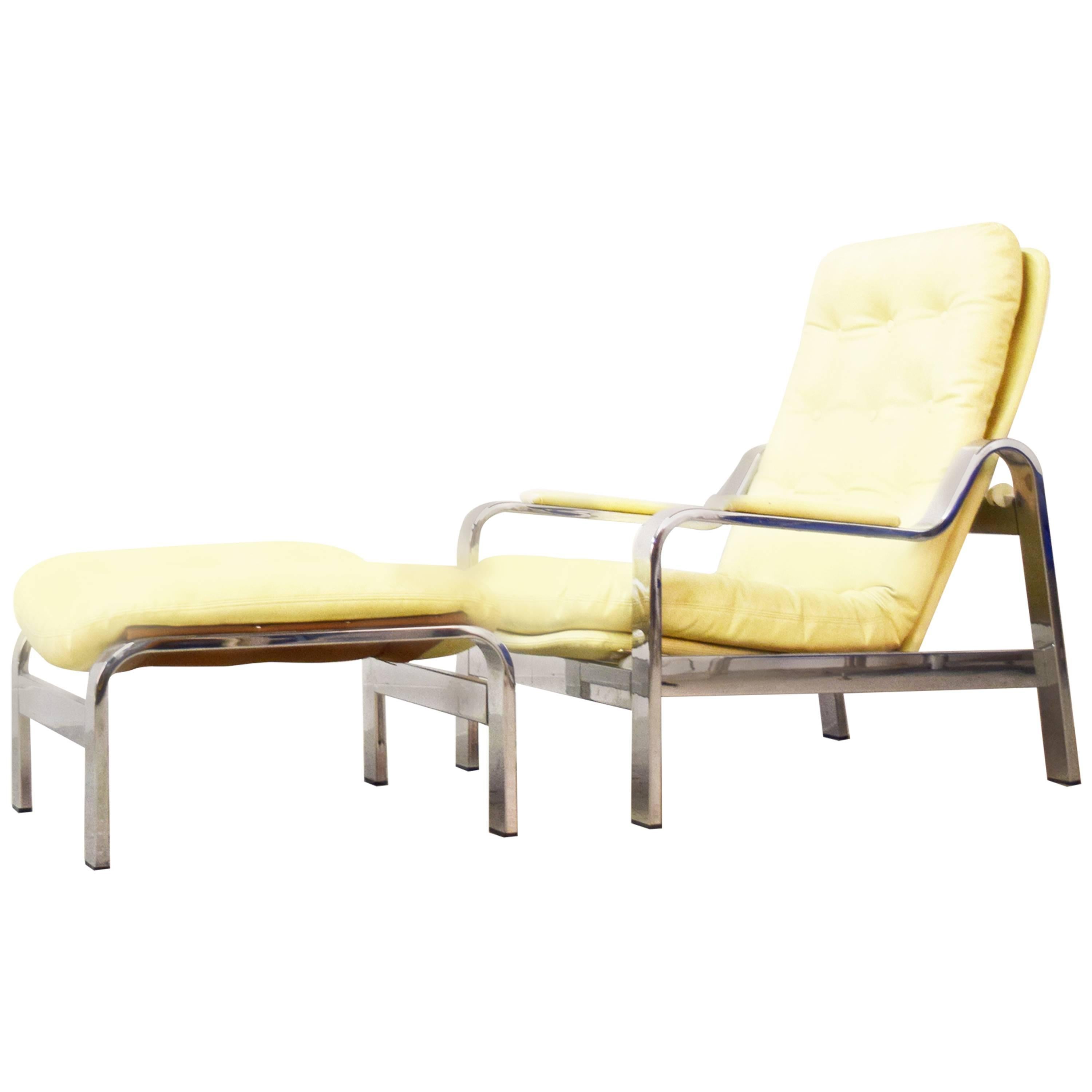 Italian Adjustable Chrome Lounge Chair and Ottoman