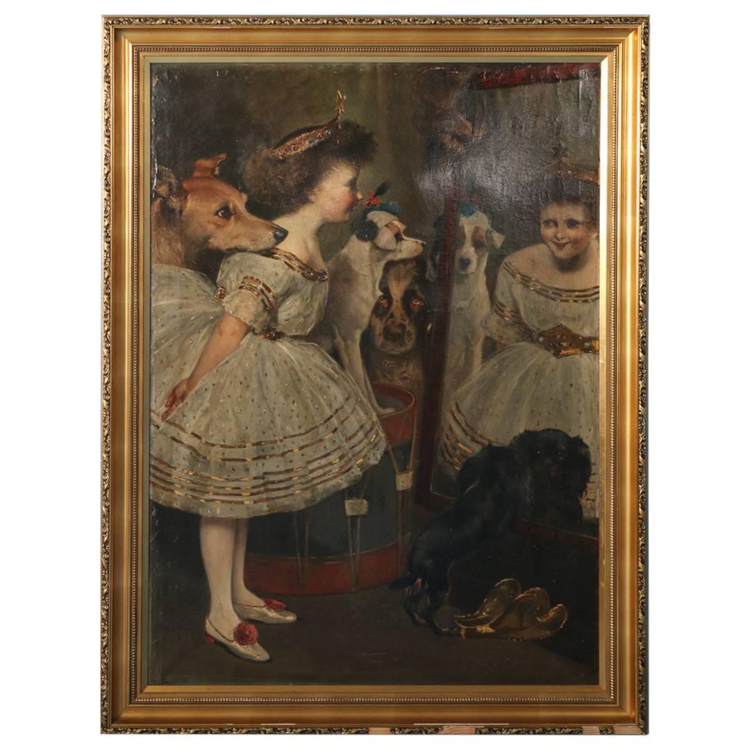 Large Original Oil on Canvas, Young Girl in Party Dress with Dogs, circa 1800s