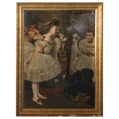 Großes Original Öl auf Leinwand, Junges Mädchen im Partykleid mit Hunden, um 1800
