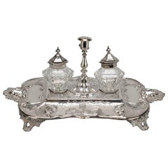 Large Silver Plated Inkwell with Bottles and Candle Holder