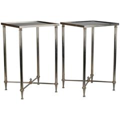 Pair Metal Tables with X-Form Stretchers and Black Glass Tops