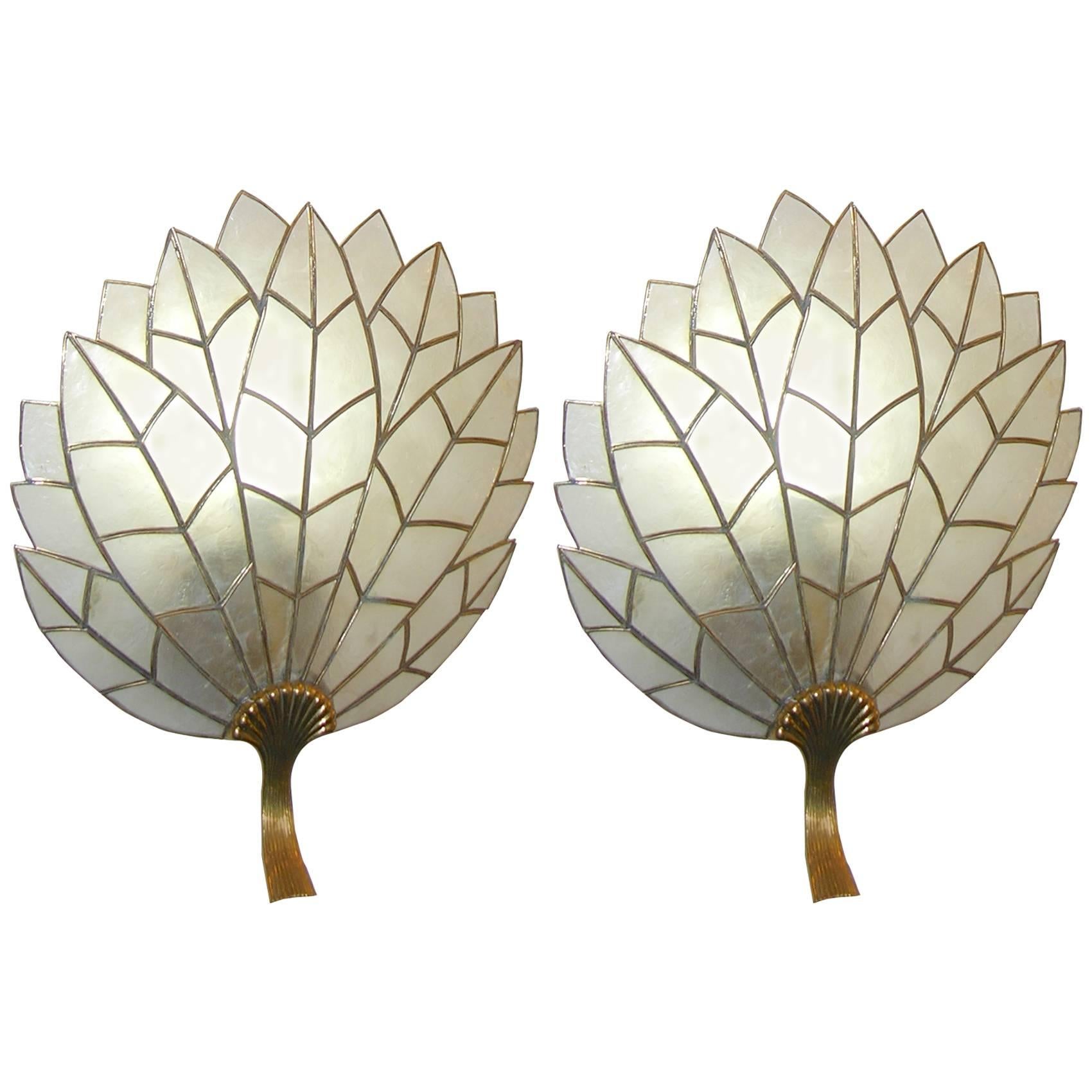 Art Deco Pair of Leaf Leaded Sconces in Mother-of-pearl