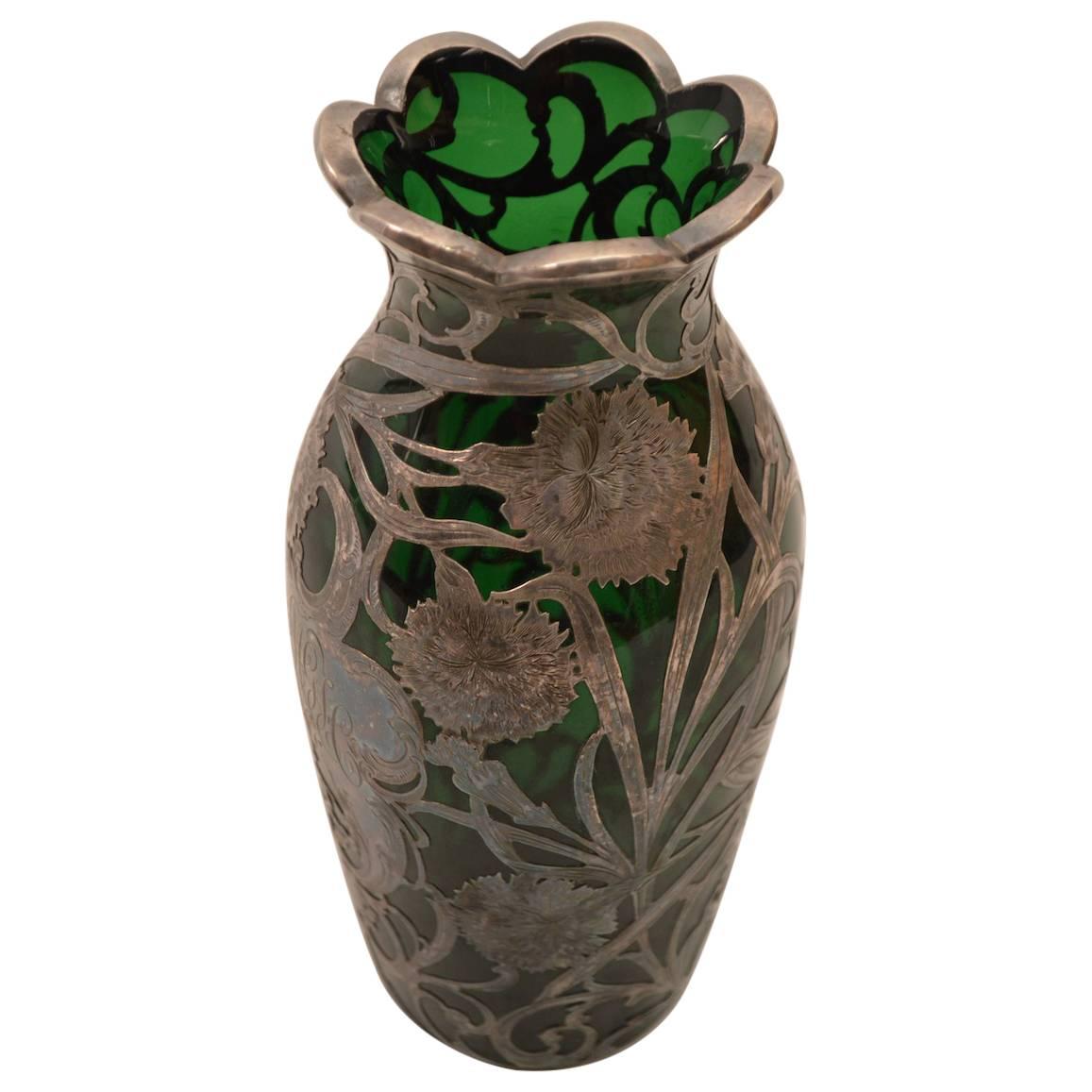  Emerald Glass Silver Overlay Vase