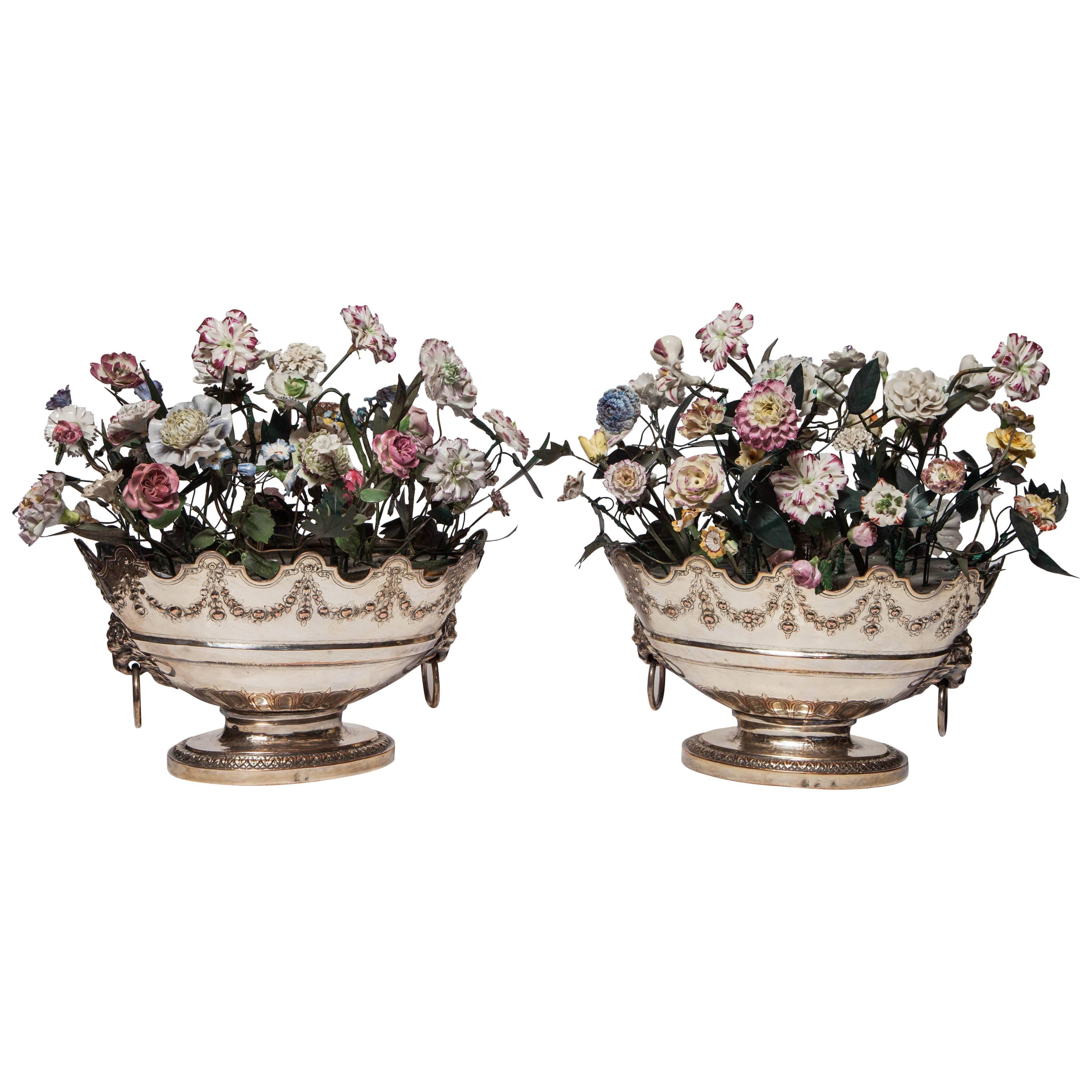 Neoclassical Louis XVI Style Porcelain Flower Arrangements in Oval Baskets Pair