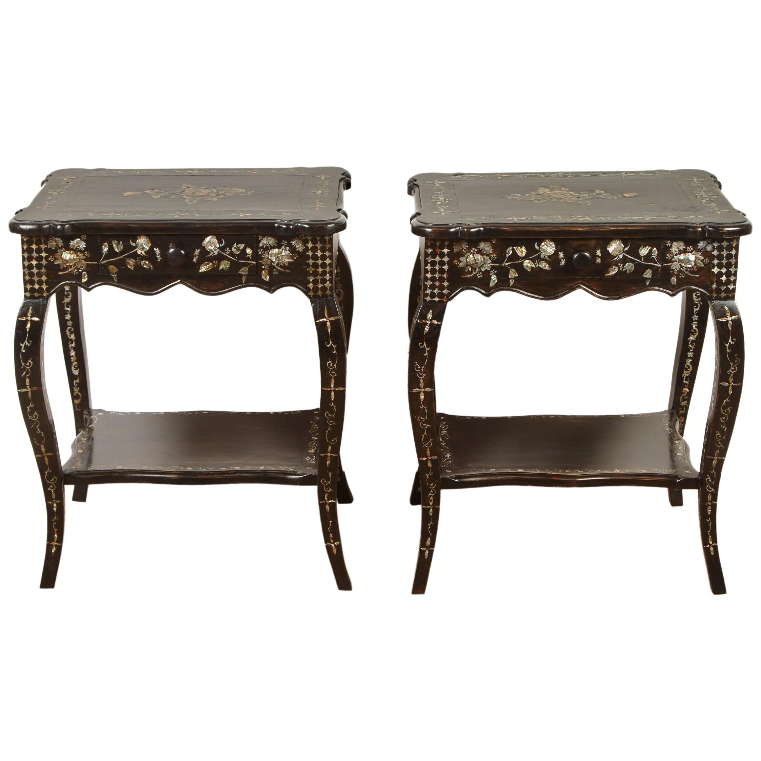 Pair of French Colonial Rosewood and Mother-of-Pearl Sidetables