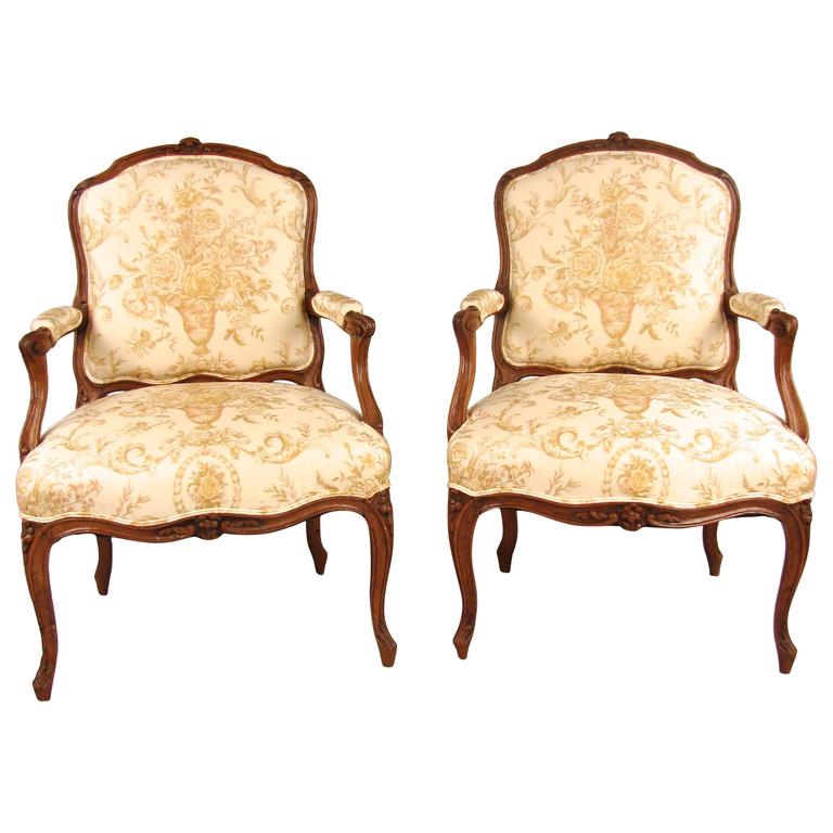Pair of French Walnut Louis XV Style Armchairs at 1stDibs