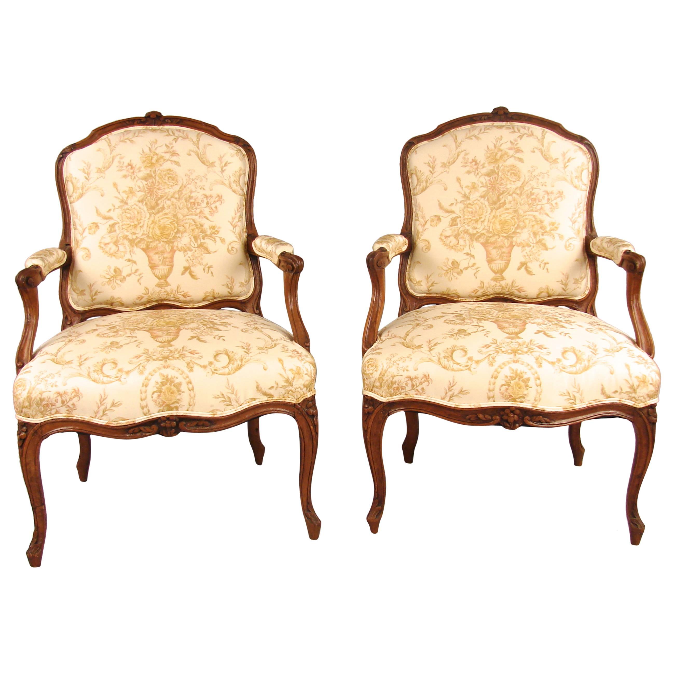 Pair of French Walnut Louis XV Style Armchairs