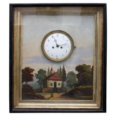 19th c. Painting With Enamelled Wall Clock