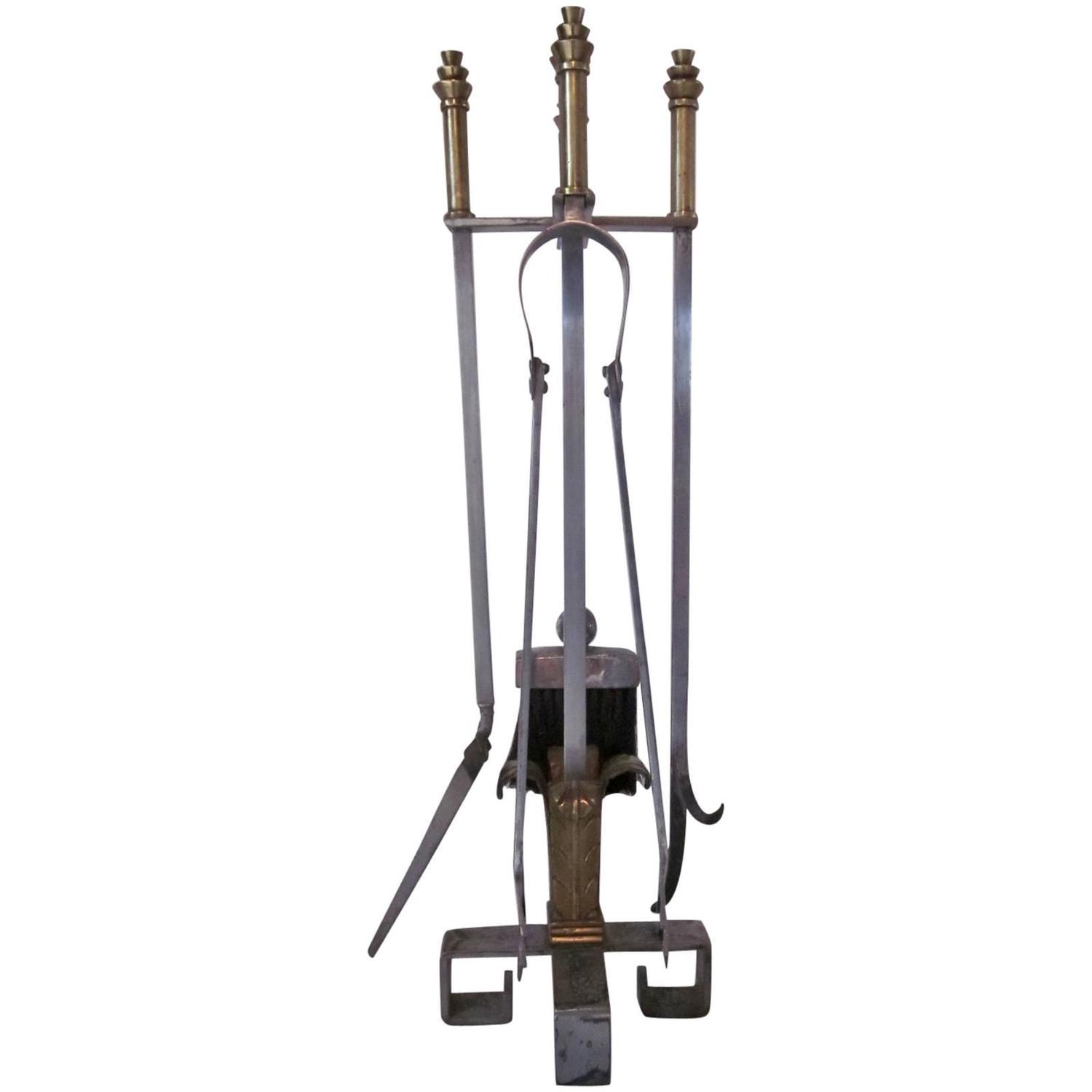 Art Deco Fireplace Tools in Silver Plate and brass in the style of